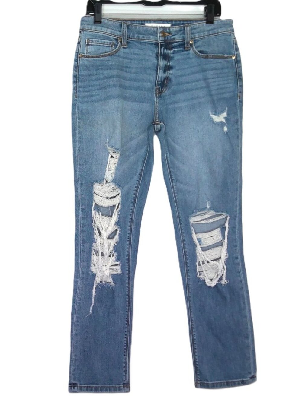 Eunina Jeans Frankie Mid Rise Girlfriend Medium Wash Distressed Destroyed 7/28W